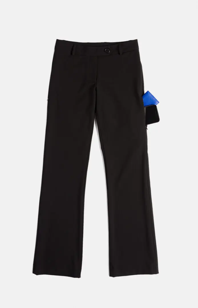 A pair of black pants with blue trim and a pocket.