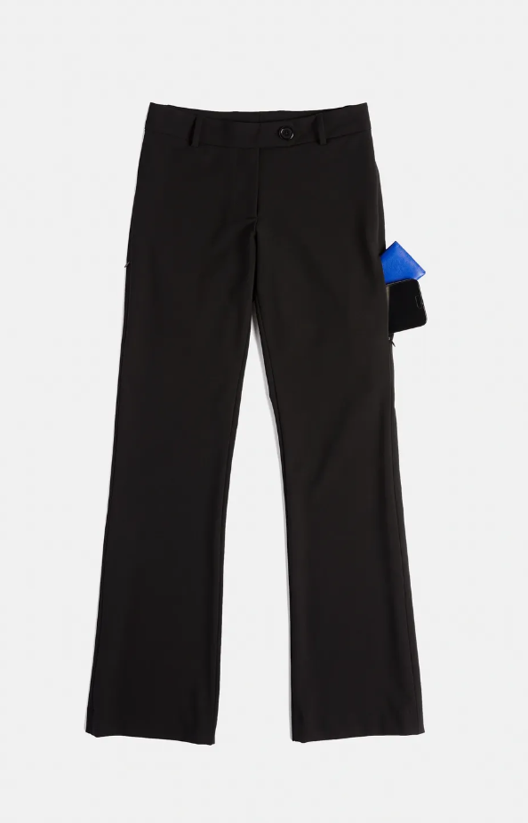 A black pair of pants with a blue pocket.