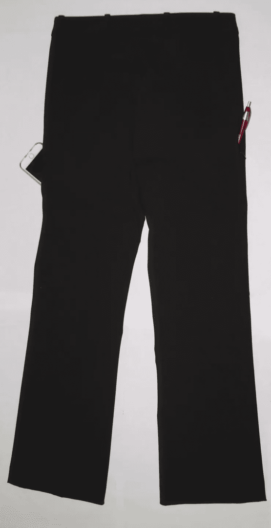 A black pair of pants with pink tags on them.